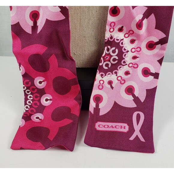COACH Breast Cancer Awareness Slim Scarf Signature Logo Pink Red Silk Reversible - Picture 7 of 16